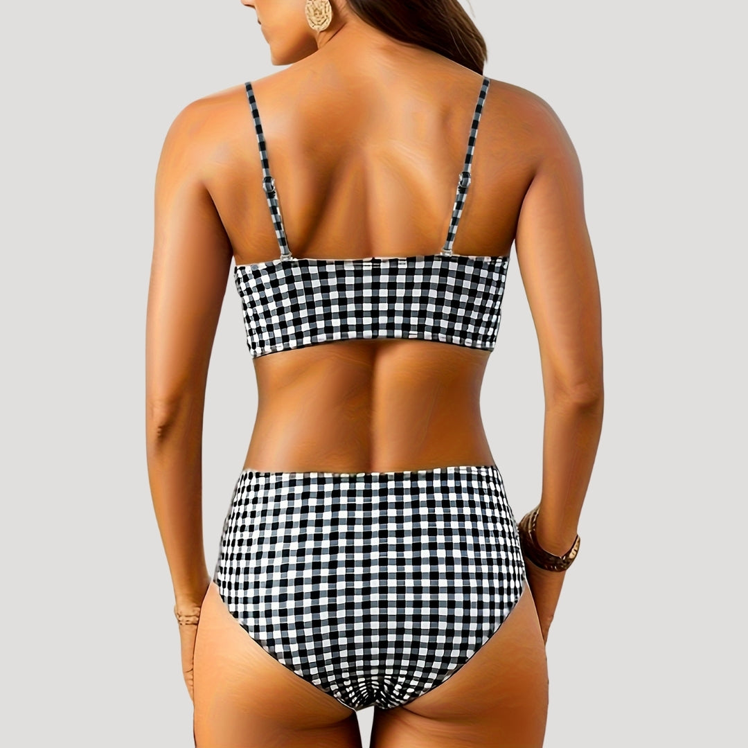 Gingham high-waisted bikini with ruched top