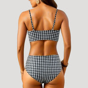 Gingham high-waisted bikini with ruched top