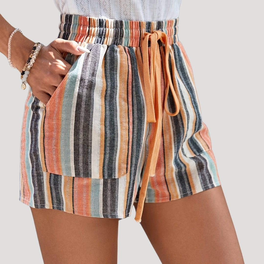 Striped linen drawstring shorts with pockets