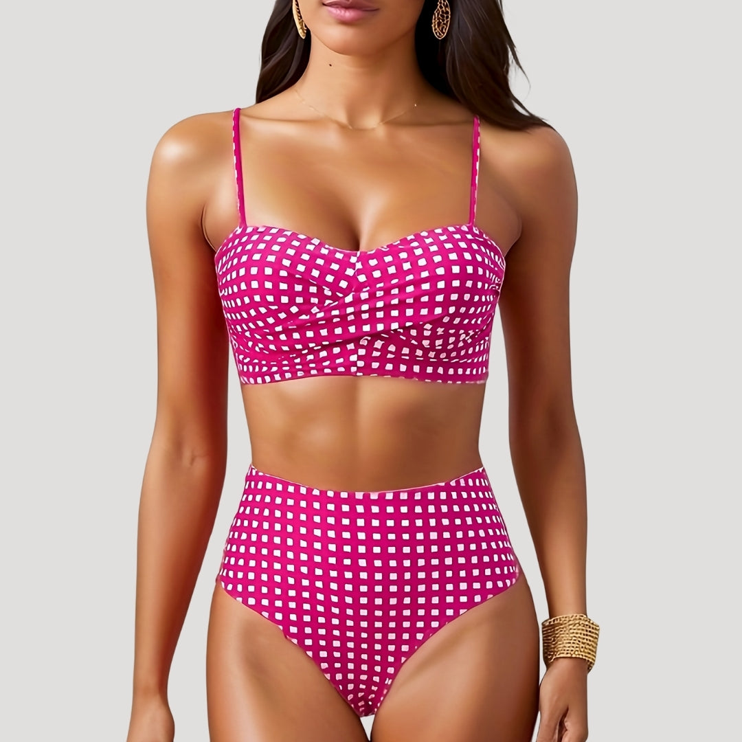 Gingham high-waisted bikini with ruched top