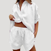 Women’s linen two piece set – button down shirt and shorts