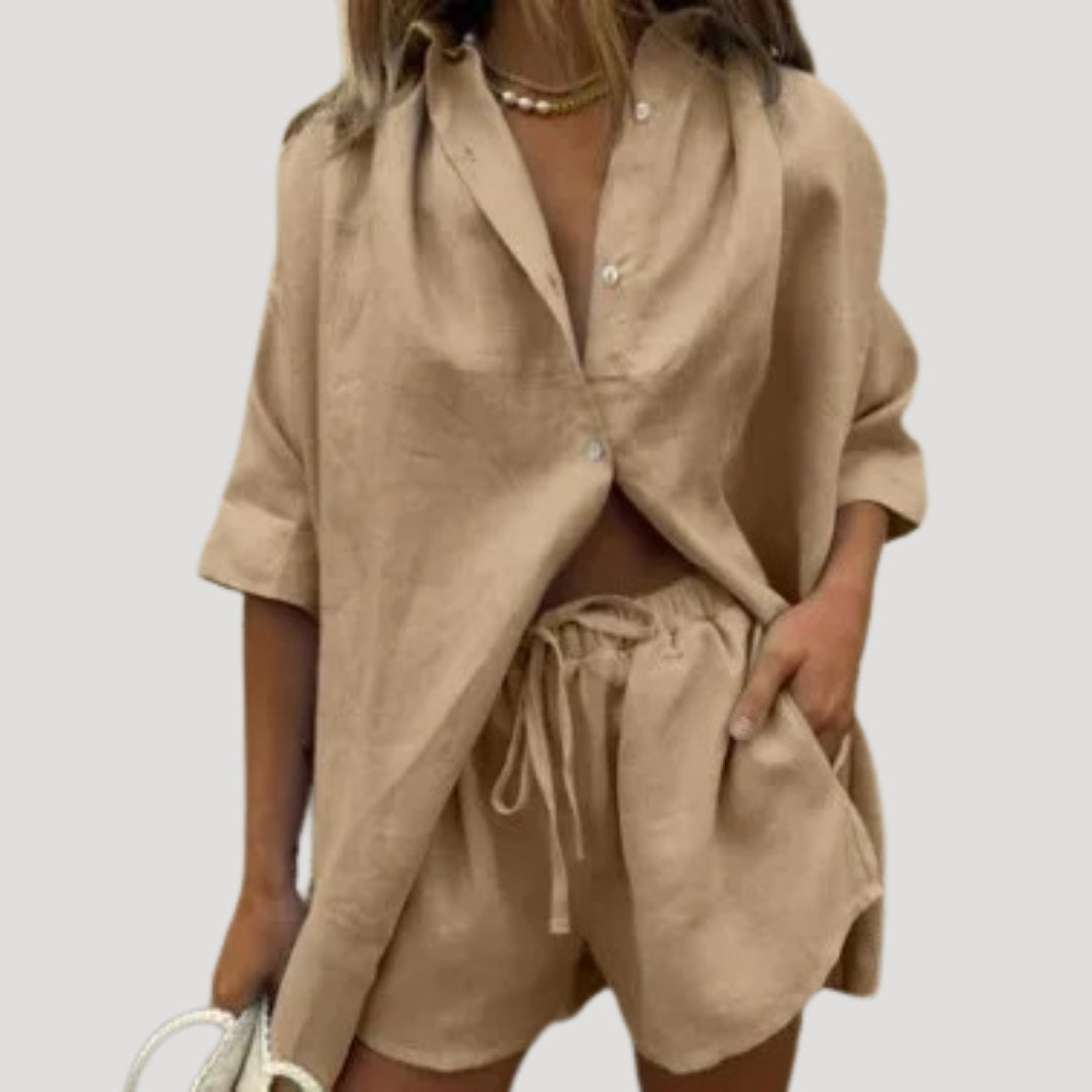 Women’s linen two piece set – button down shirt and shorts
