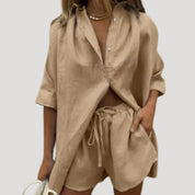Women’s linen two piece set – button down shirt and shorts