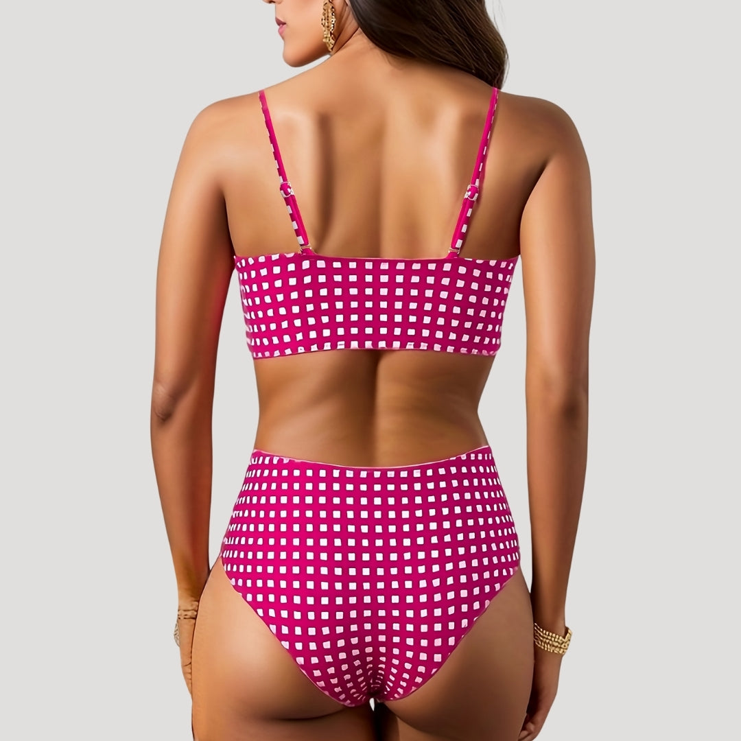 Gingham high-waisted bikini with ruched top