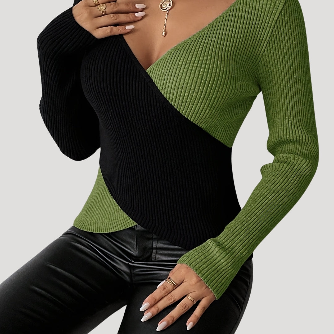 Color block ribbed wrap top