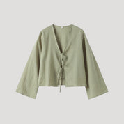 Lightweight tie-front bell sleeve blouse