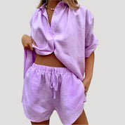 Women’s linen two piece set – button down shirt and shorts