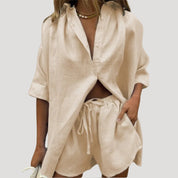 Women’s linen two piece set – button down shirt and shorts