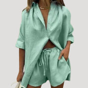 Women’s linen two piece set – button down shirt and shorts