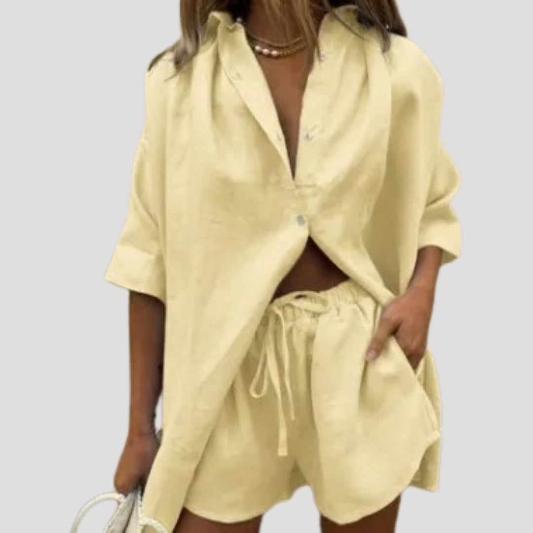 Women’s linen two piece set – button down shirt and shorts