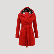 Women fleece belted hooded coat