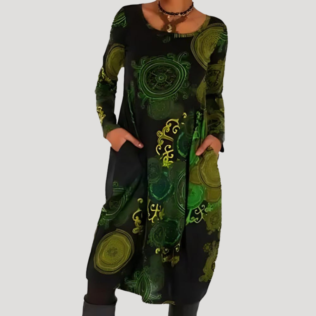 Women’s long sleeve printed midi dress with pockets