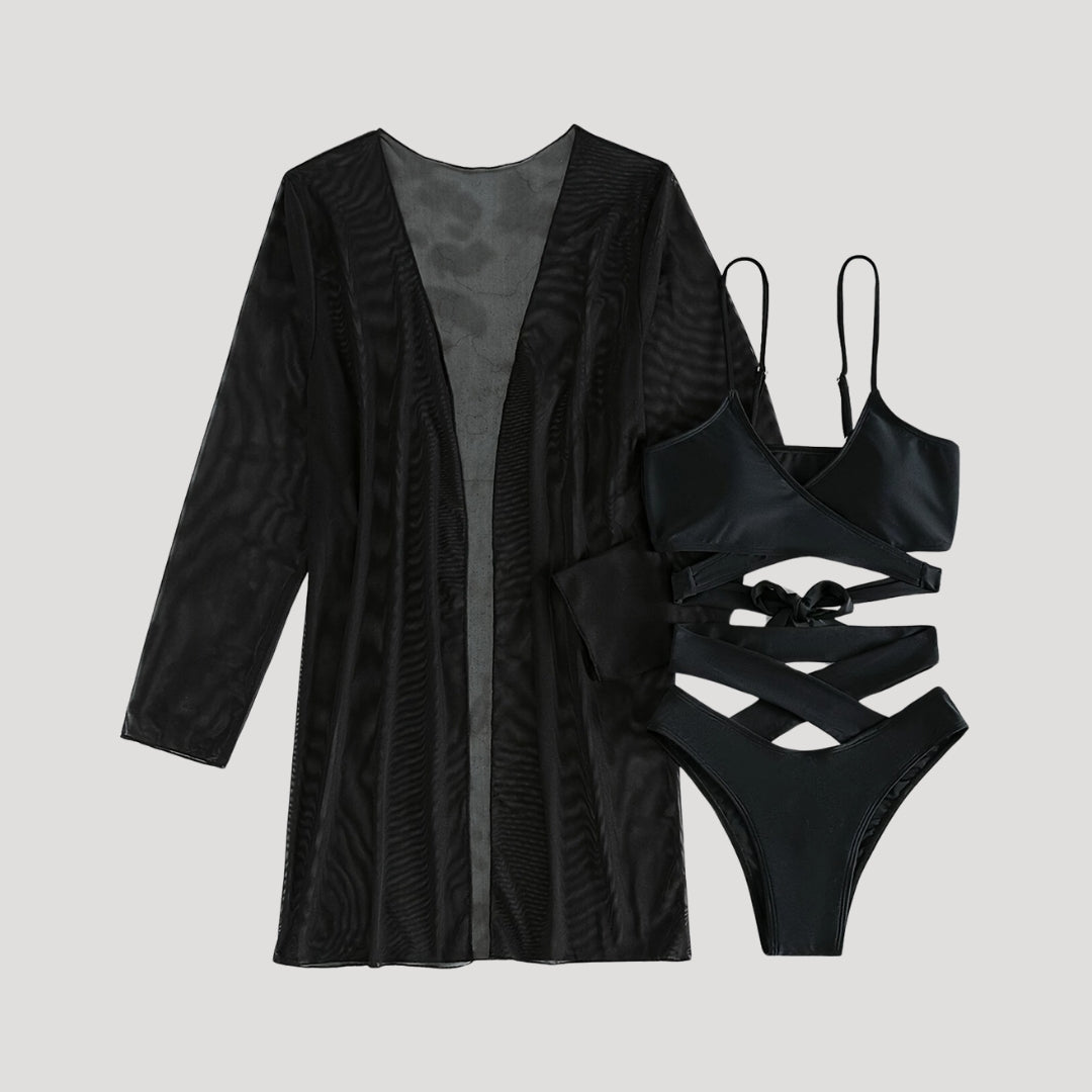 Elegant three-piece bikini set with sheer cover-up