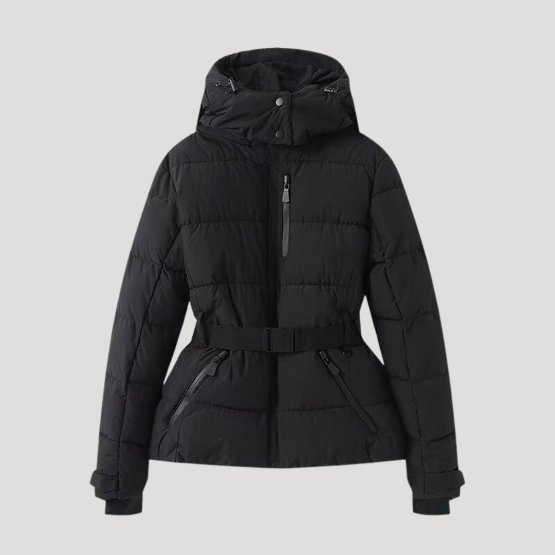 Women’s quilted waterproof belted winter puffer jacket