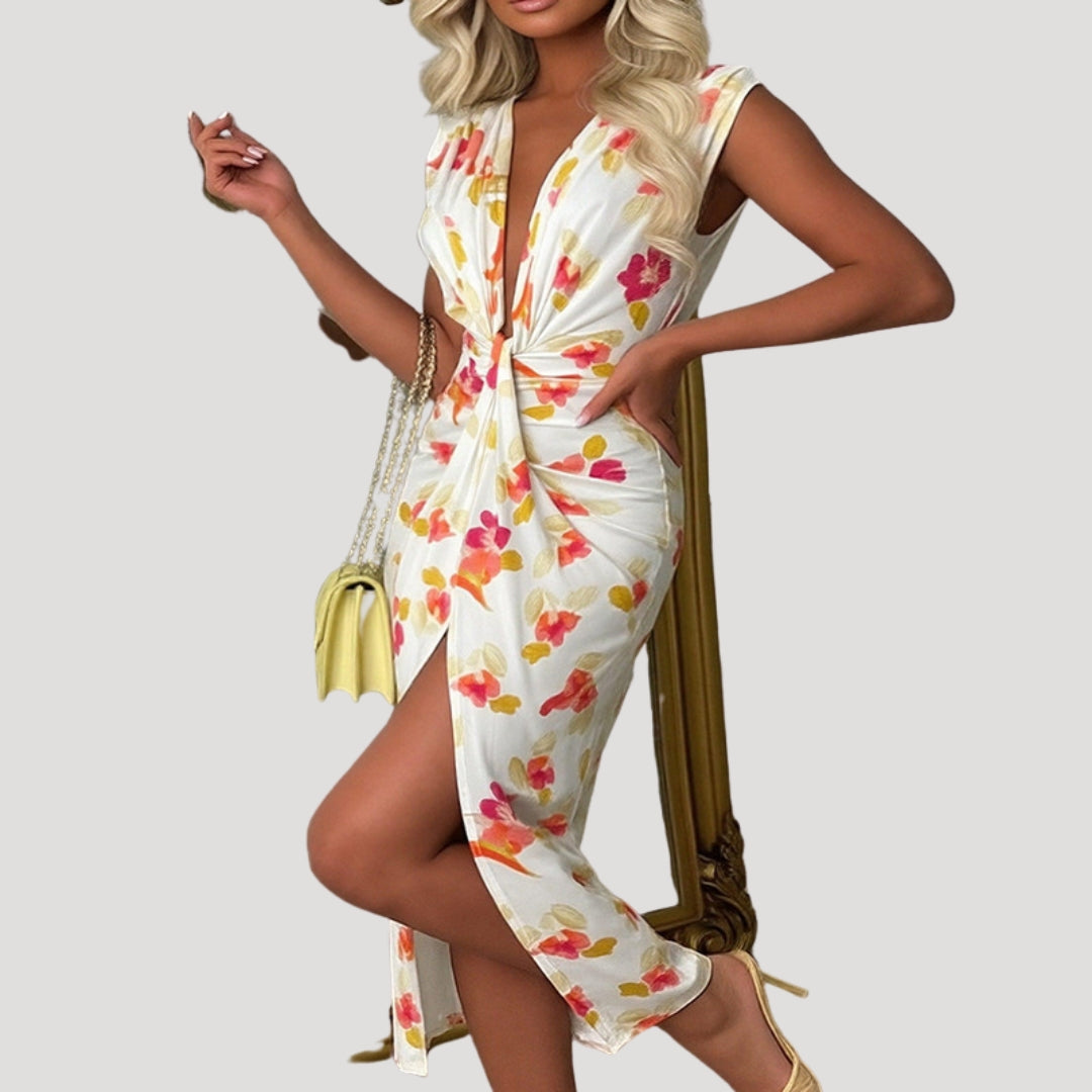 Women’s plunge sleeveless twist front bodycon midi dress