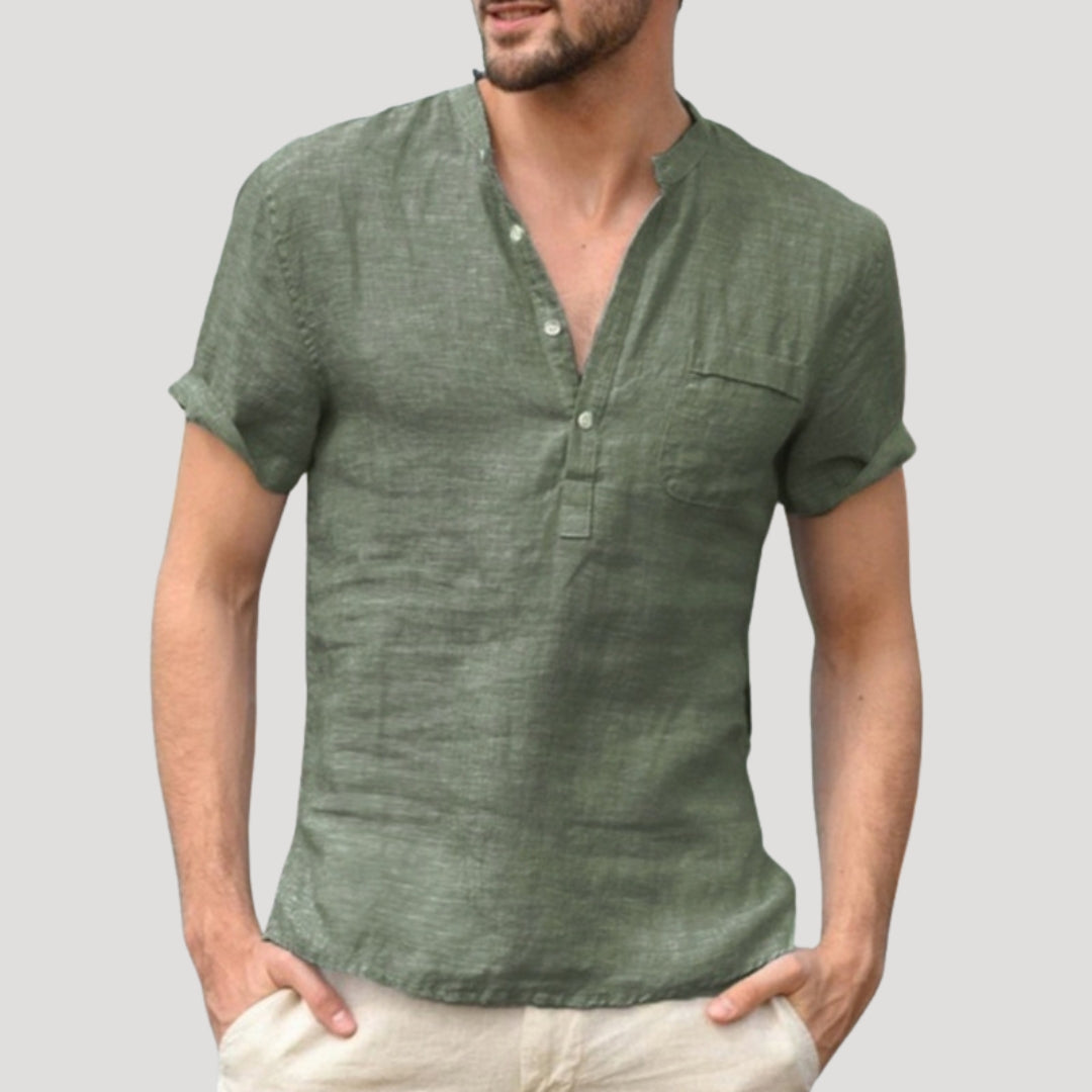 Men’s grandad collar short sleeve linen shirt