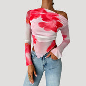 Off-shoulder floral mesh top