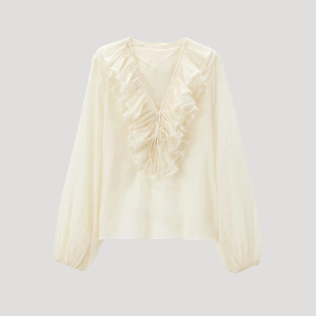 Ruffled chiffon blouse with V-neck