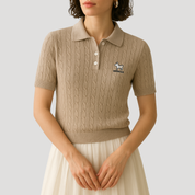 Women cable knit short sleeve polo sweater